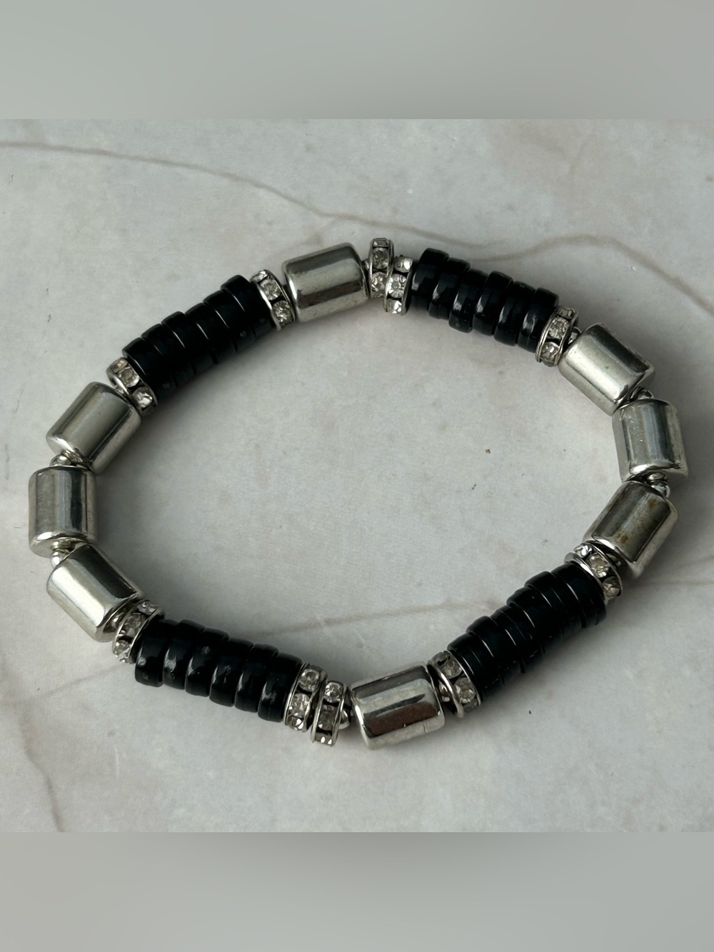Black and Silver Beaded Stretch Bracelet